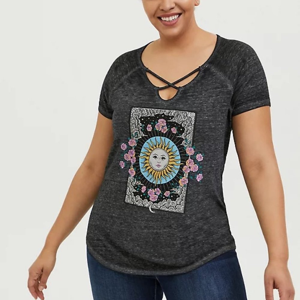 TORRID SUN & MOON BLACK BURNOUT CRISSCROSS TEE